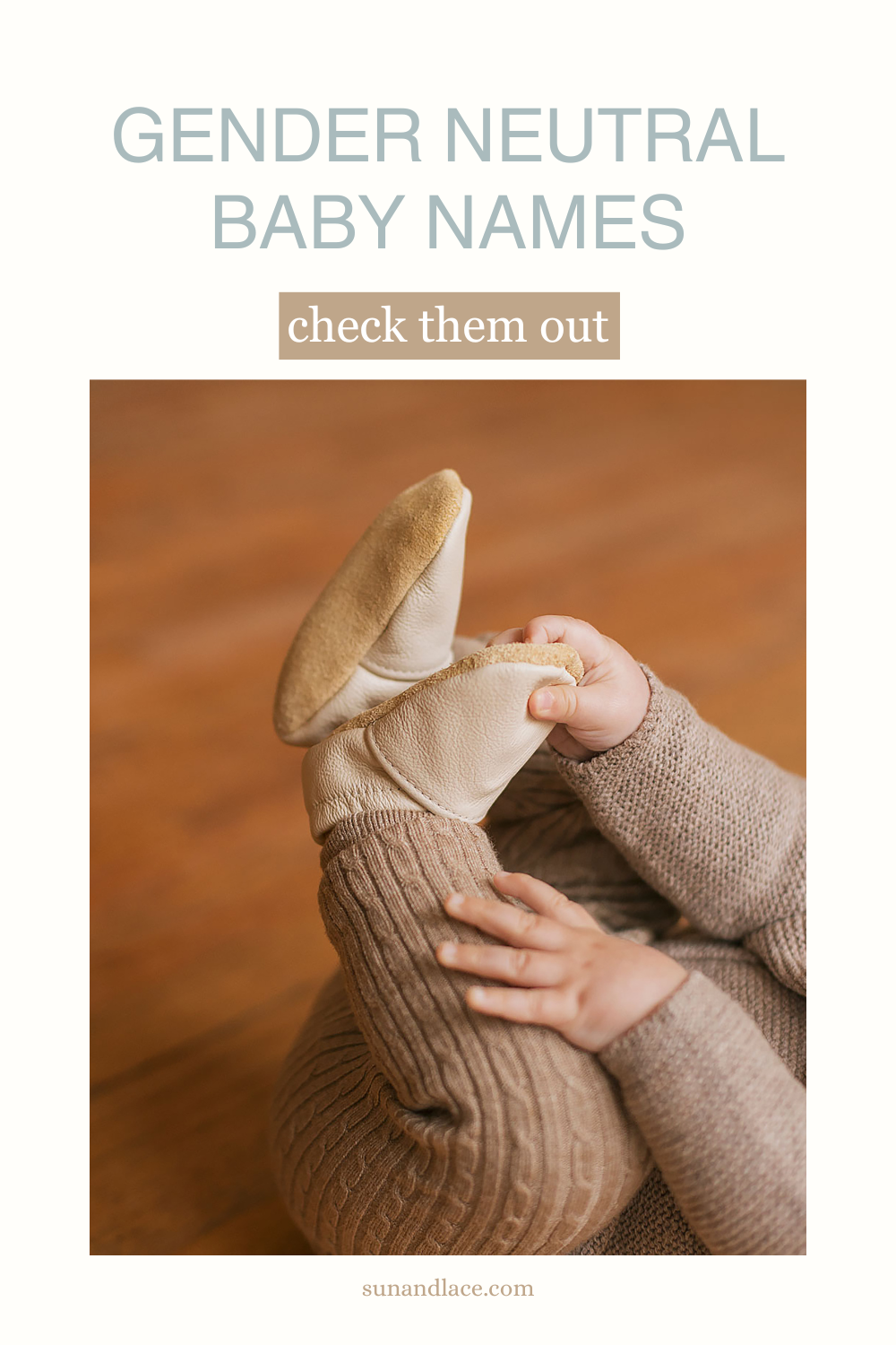 Gender neutral baby name ideas, cream baby shoes on feet