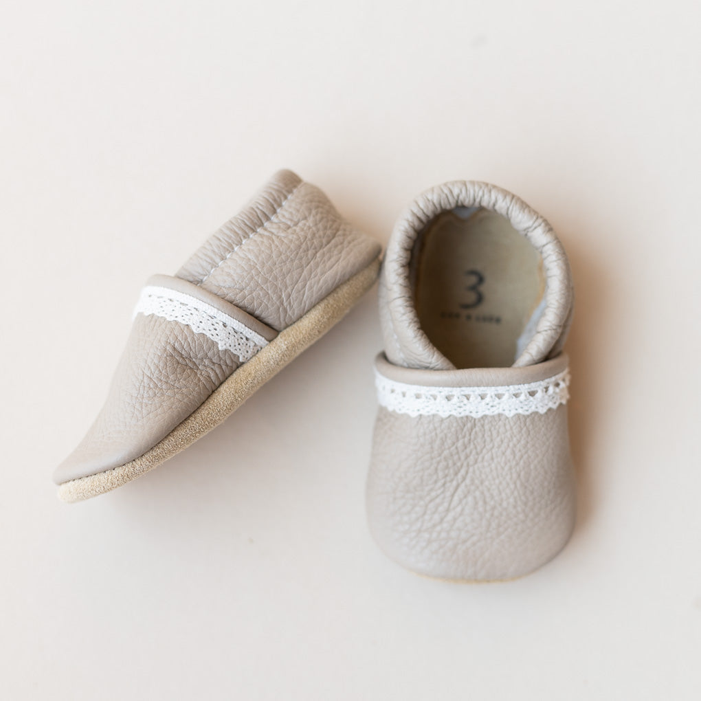 Light Gray Lace-Trim Baby Girl Slip-On Shoes