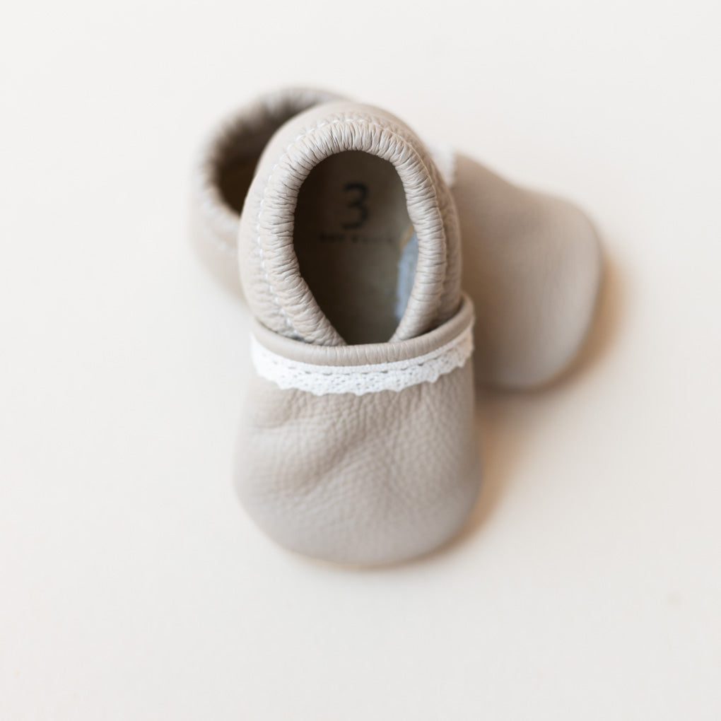 Light Gray Lace-Trim Baby Girl Slip-On Shoes
