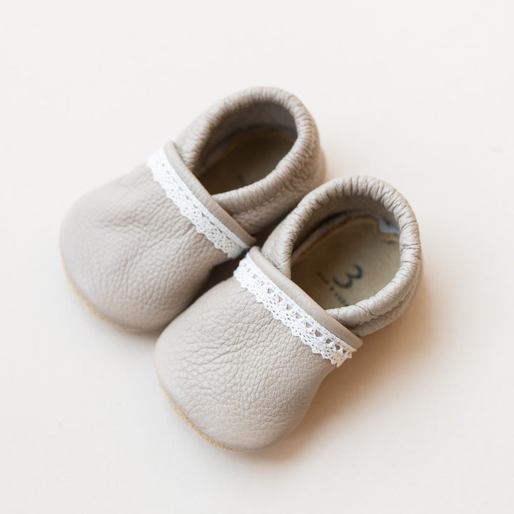 Light Gray Lace-Trim Baby Girl Slip-On Shoes