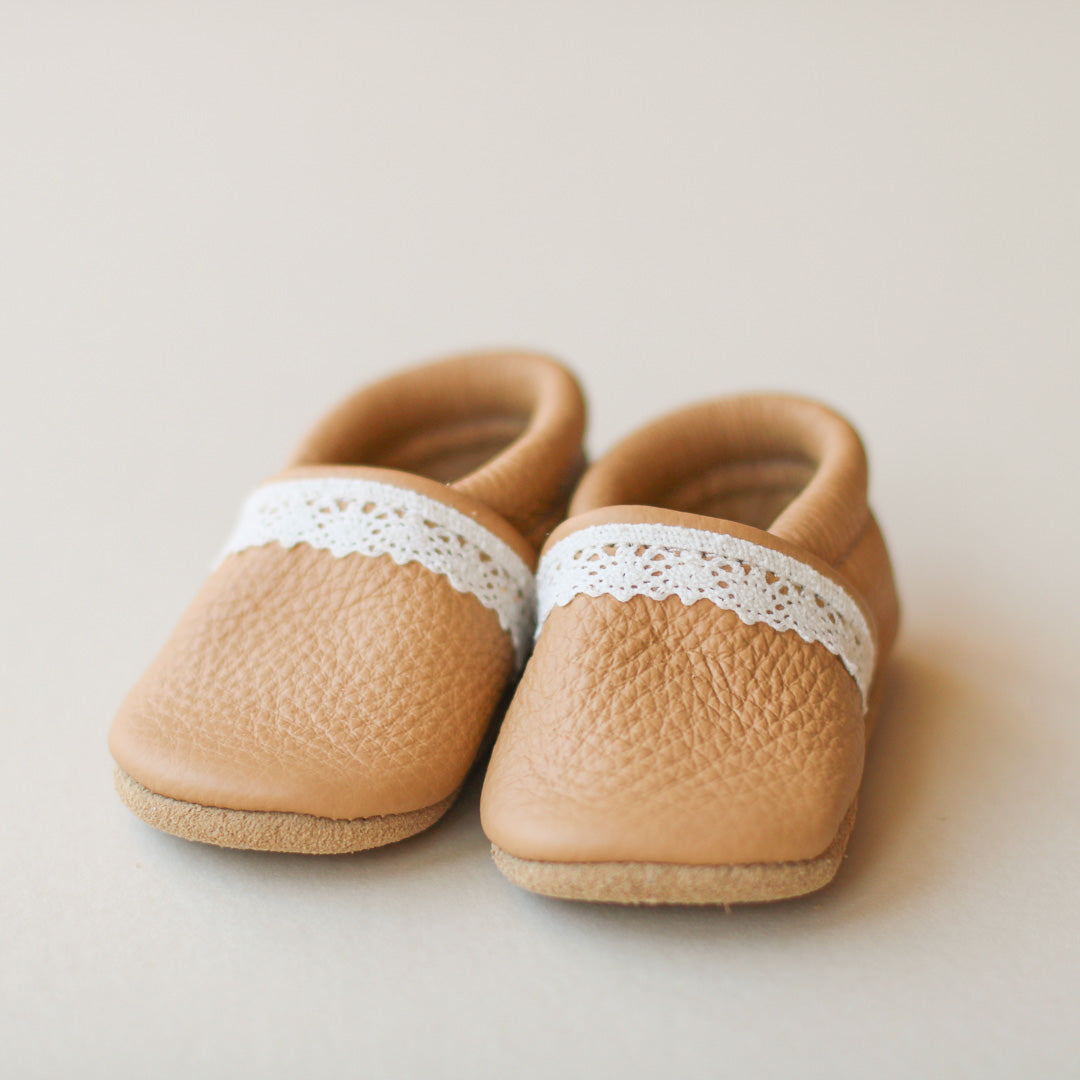 baby girl slip-on shoes in light brown leather