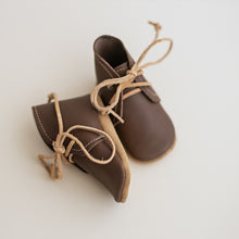 Dark Brown soft sole baby boots with toast suede soles. For baby boy or baby girl. Vegetable tanned leather infant boots made in USA