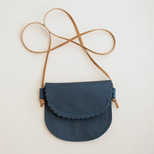 Toddler girls leather purse in navy blue. scalloped flap