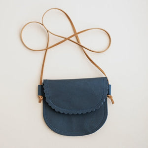 Toddler girls leather purse in navy blue. scalloped flap