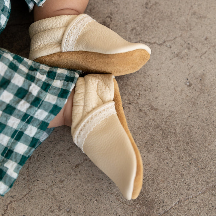 cream leather baby slip-on moccs for girls
