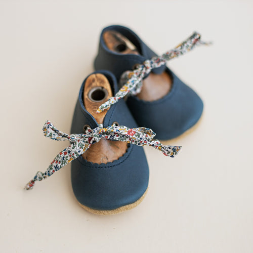 Blue leather soft sole baby girl shoes with ties. Summer baby girl shoes