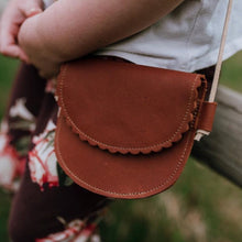 toddler purse in cognac or auburn color leather. scallop flap.